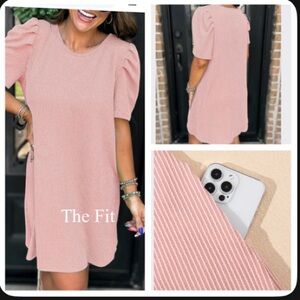 Blush Pink Ribbed Puff Sleeve Shift Dress